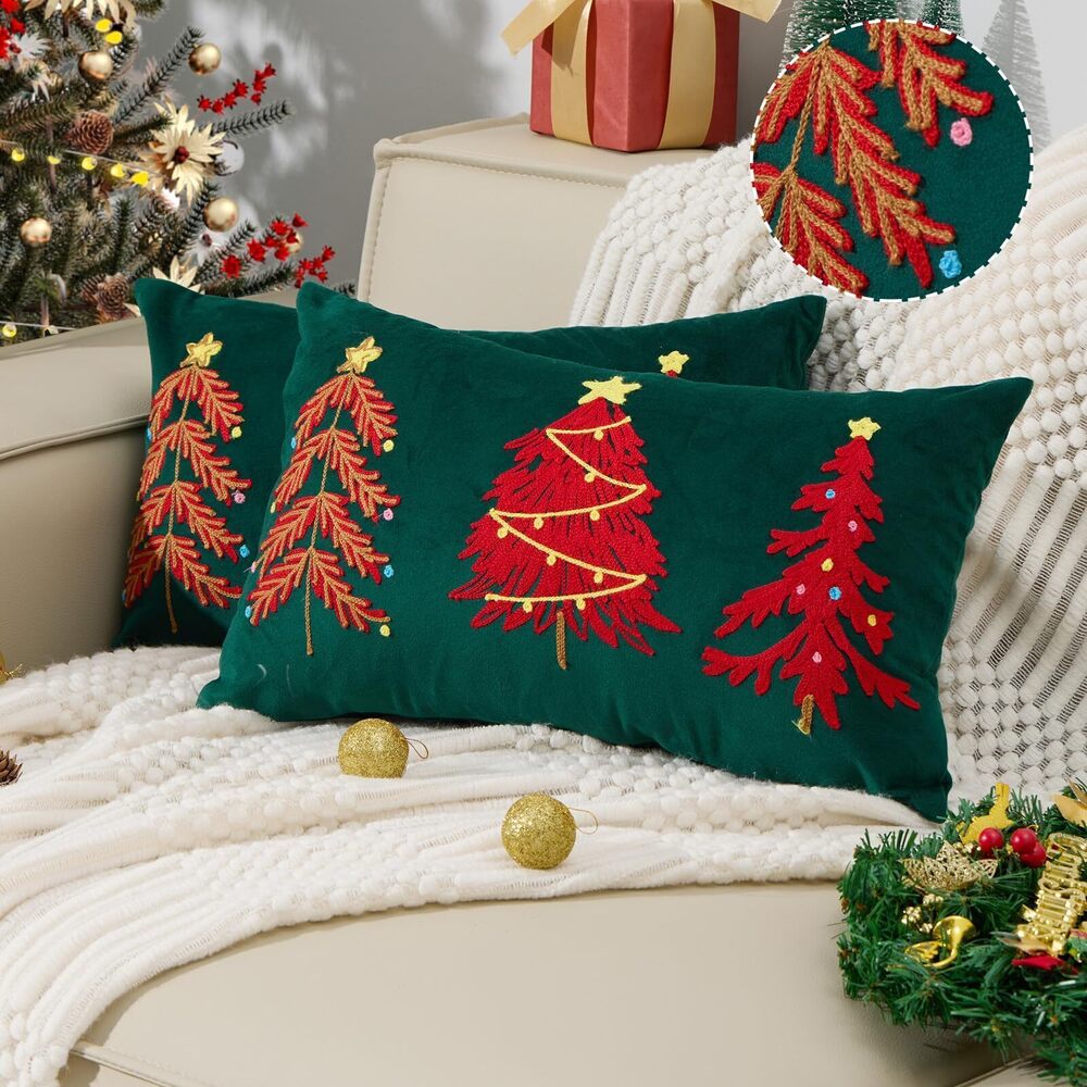 6250 Green Velvet Embroidery Christmas Pillow Cover 12x20 Set of 2, Tufted